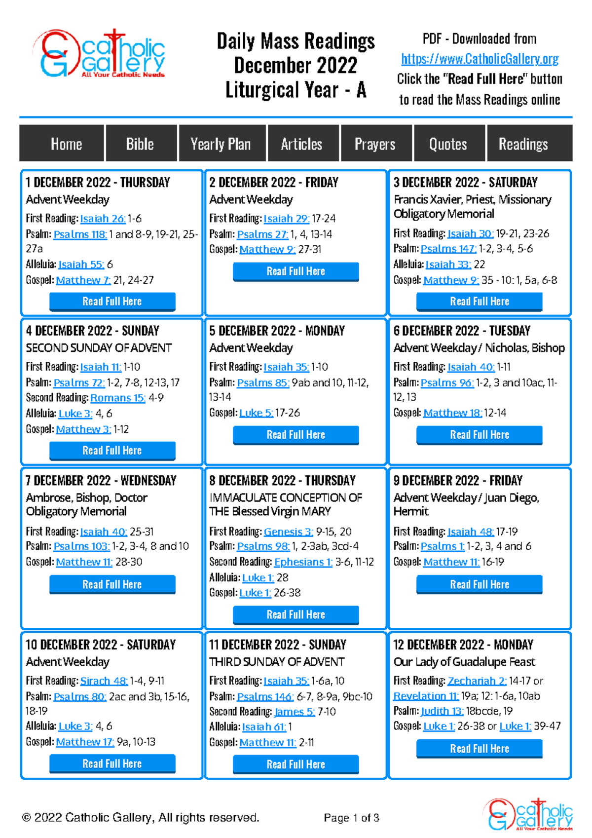 Mass Readings December 2022 PDF Download - Daily Mass Readings December ...