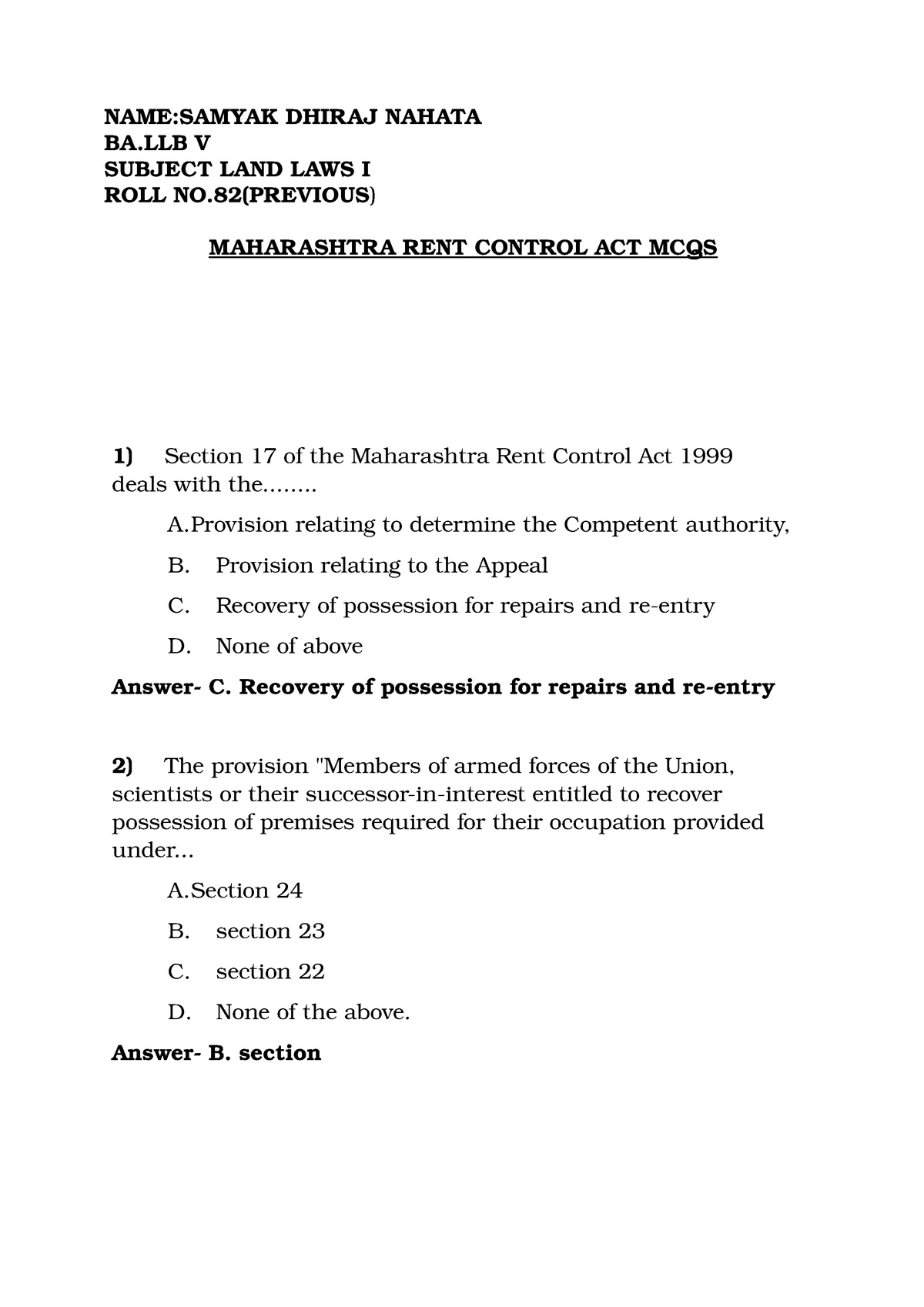 tushar-pawar-land-laws-i-assignment-maharastra-rent-control-act-mcq