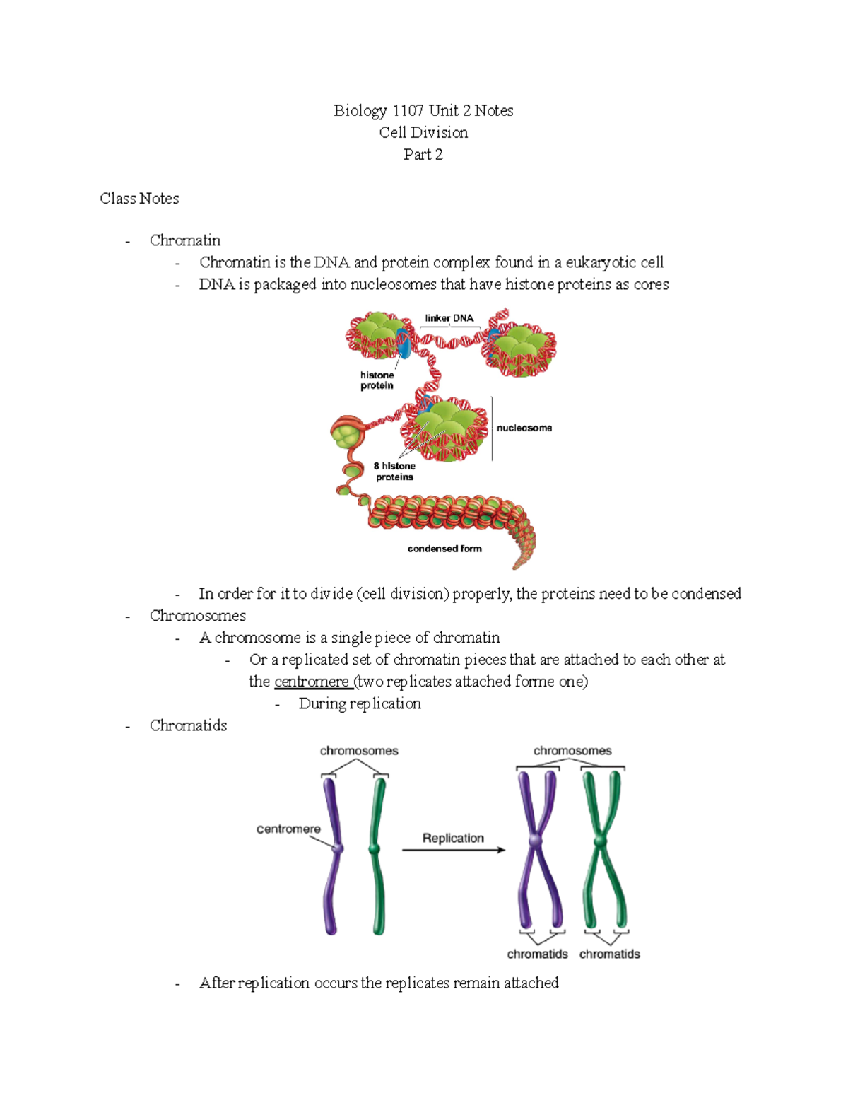 Biology 1107 Unit 2 Notes Part 2 Biology 1107 Unit 2 Notes Cell Division Part 2 Class Notes 9455