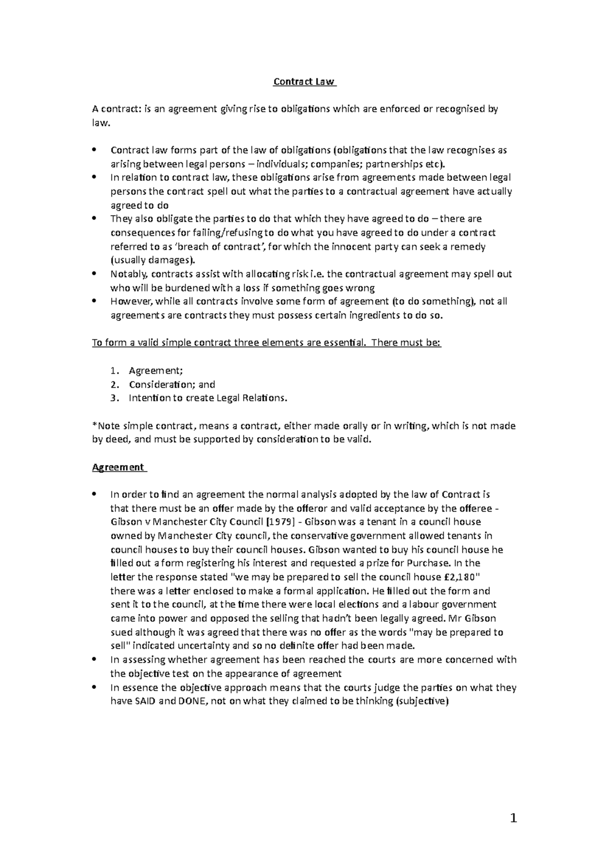 Contract Law Notes - Contract Law A contract: is an agreement giving ...