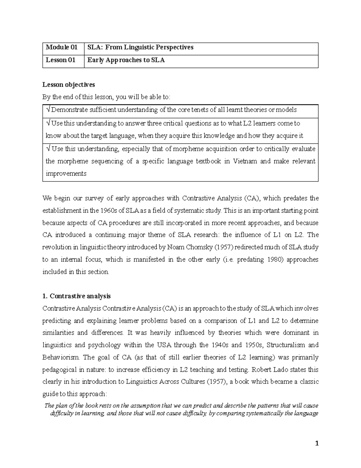 Module 01 Lesson 01 Early Approaches to SLA - Module 01 SLA: From ...