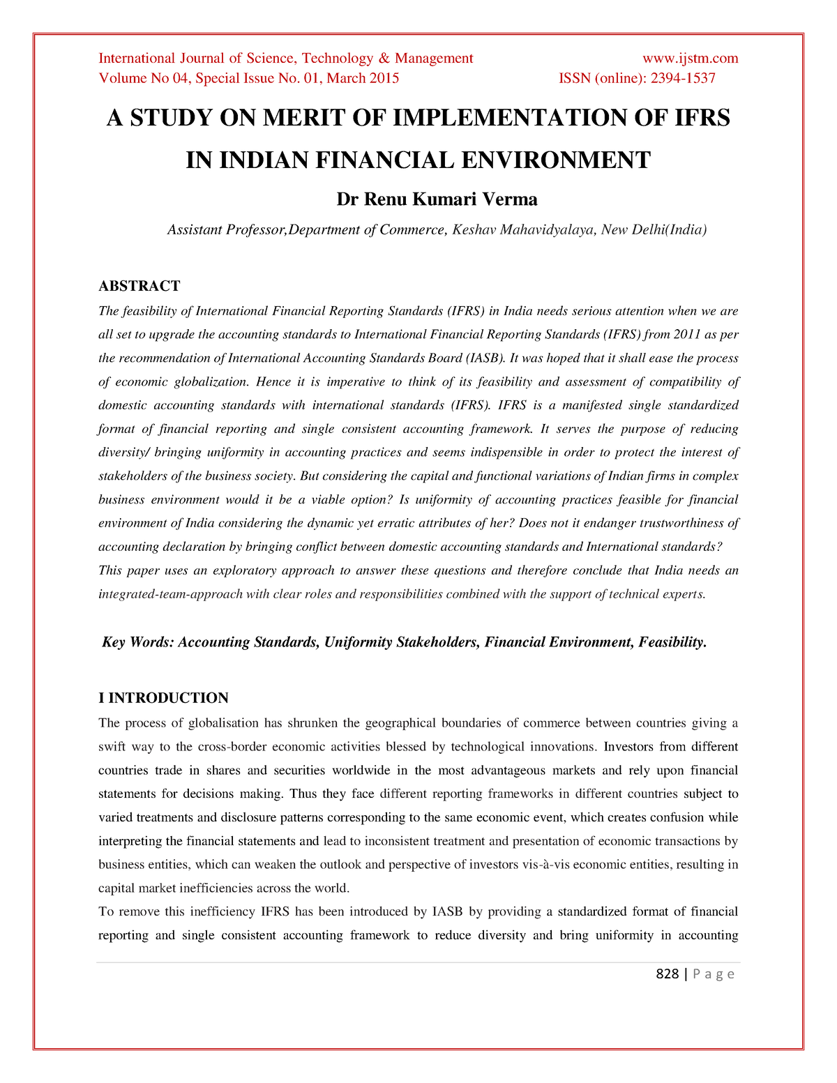 A Study ON Merit OF Implementation OF IFRS - Volume No 04, Special ...