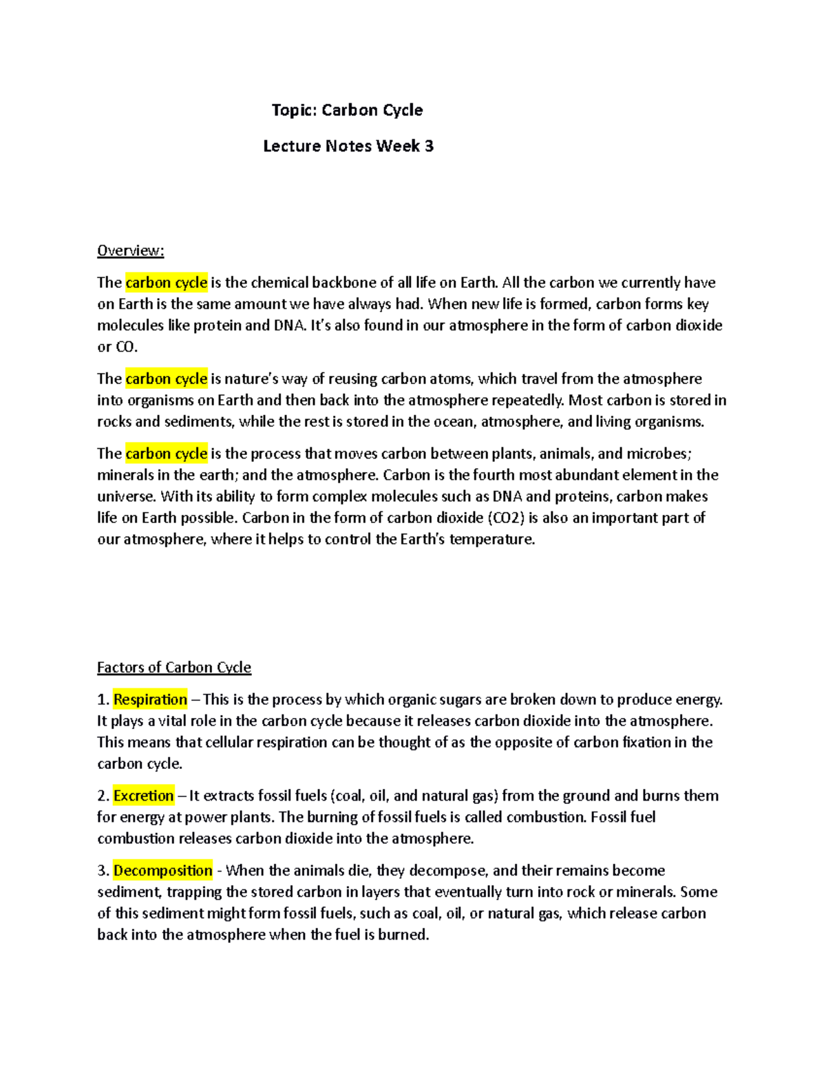 Carbon Cycle - Topic: Carbon Cycle Lecture Notes Week 3 Overview: The ...