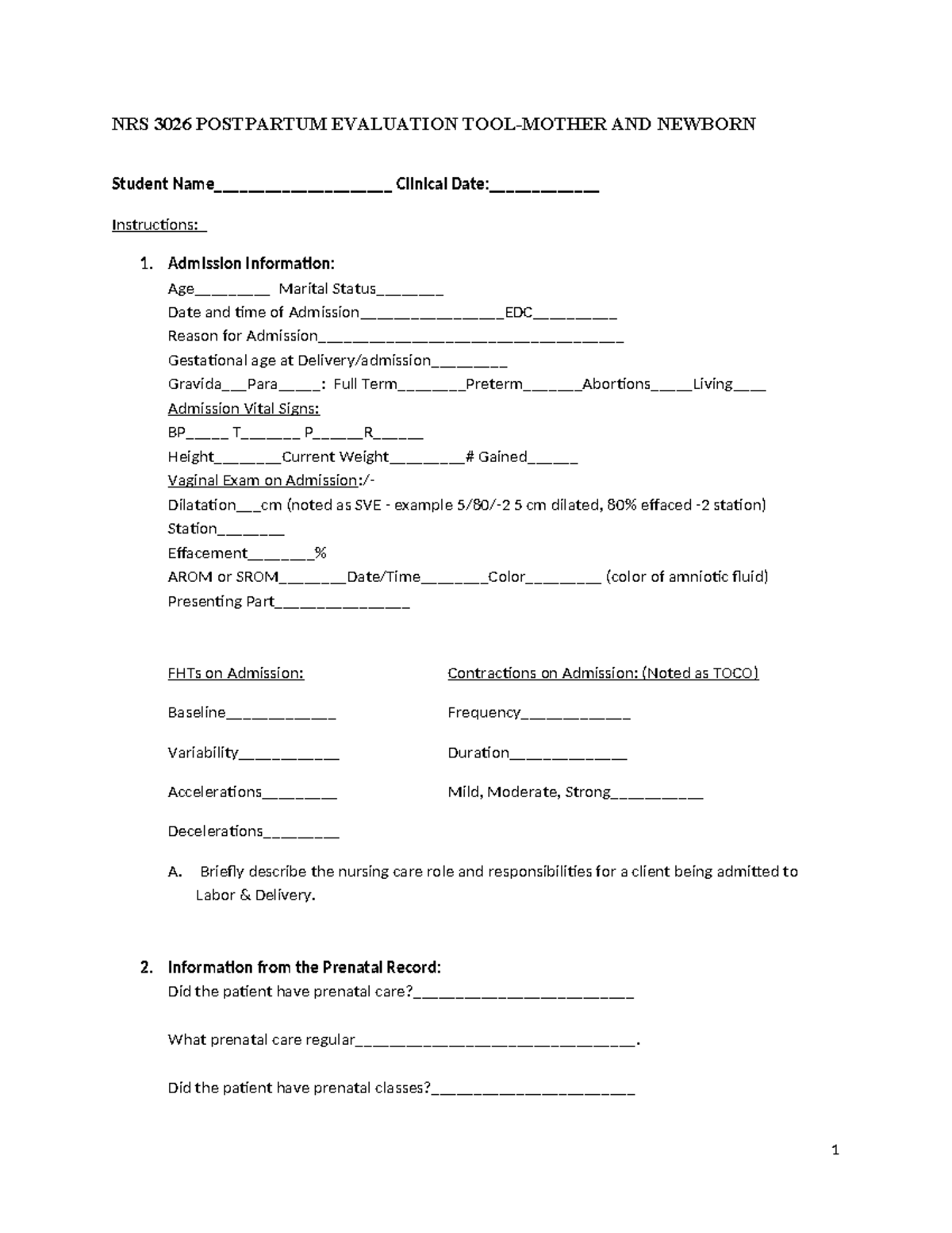 Postpartum Assessment Tool updated - NRS 3026 POSTPARTUM EVALUATION ...