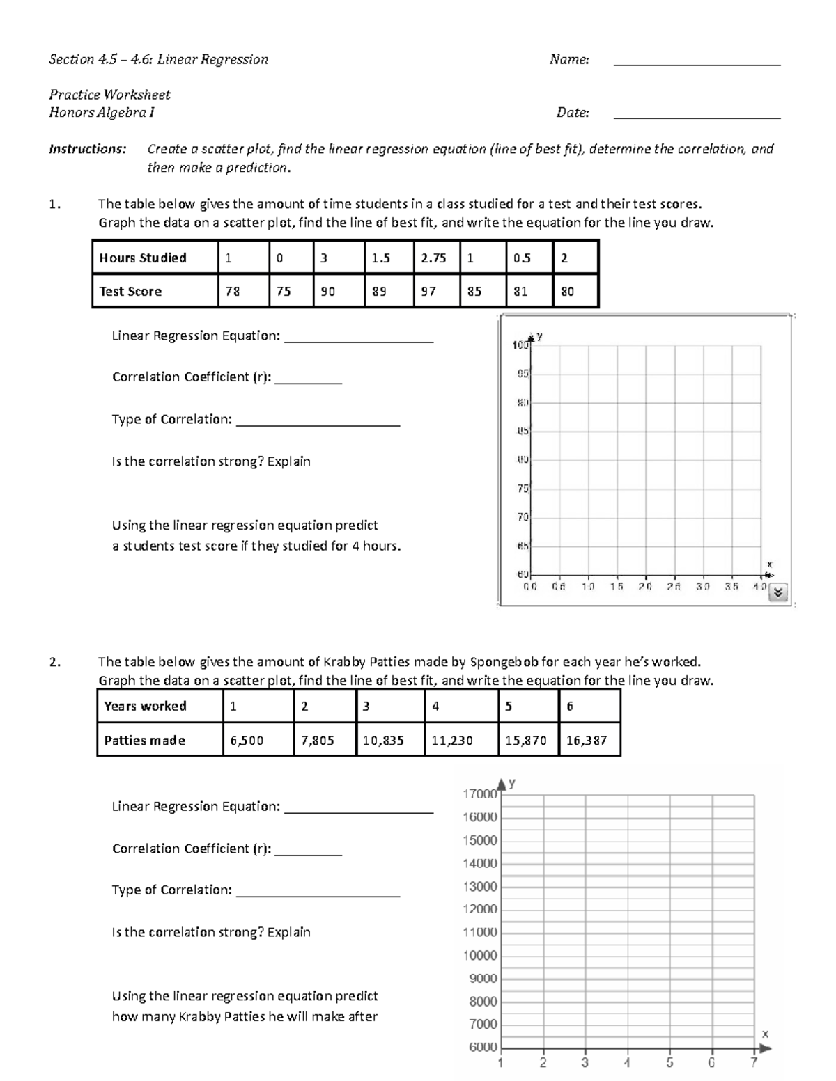 4.5 - 4.6 Practice Worksheet - Section 4 – 4: Linear Regression Name