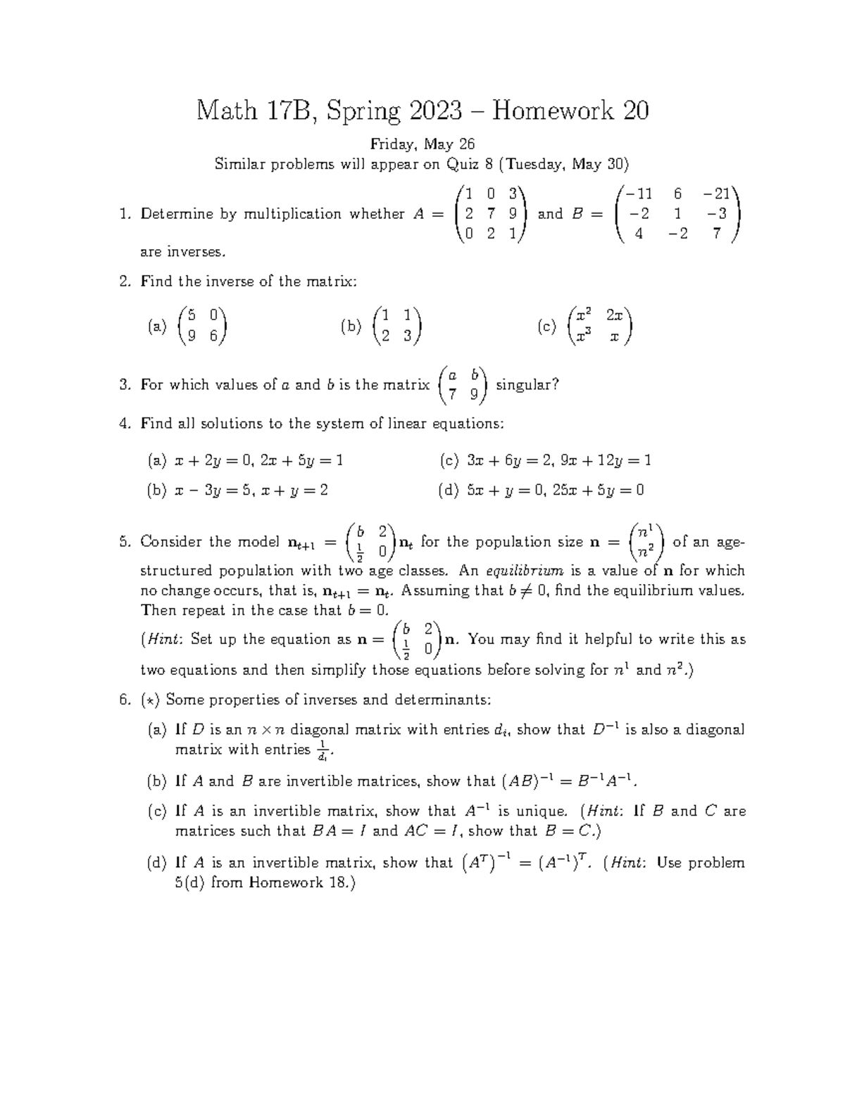 Homework 20 - Math 17B, Spring 2023 – Homework 20 Friday, May 26 ...