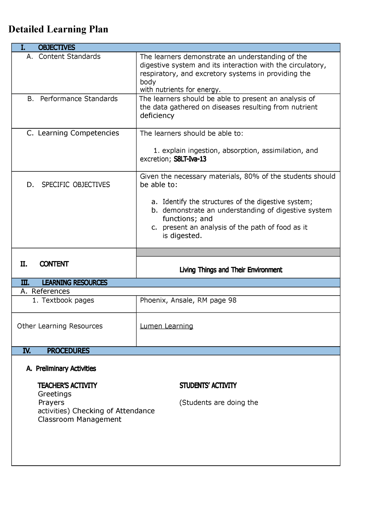 Detailed Learning Plan - OBJECTIVES A. Content Standards The learners ...