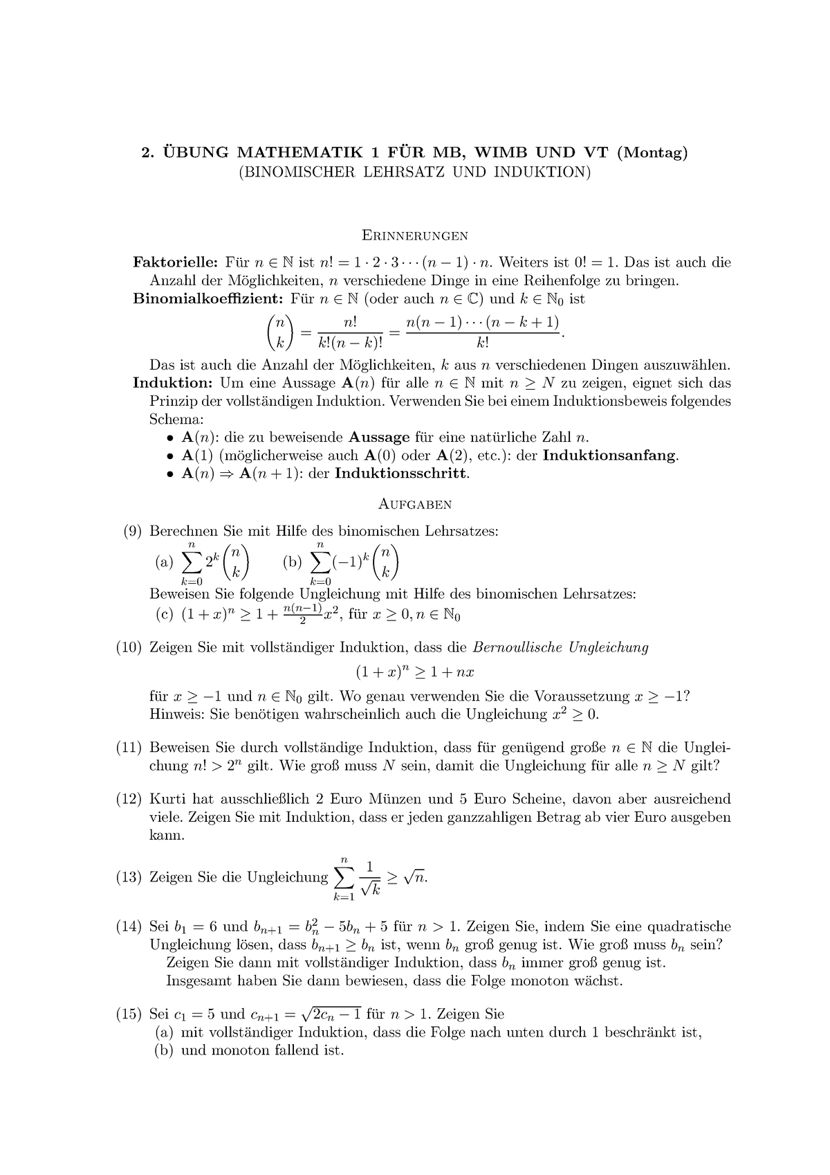 Übung 2 - UBUNG MATHEMATIK 1 F ̈ ̈ UR MB, WIMB UND VT (Montag ...