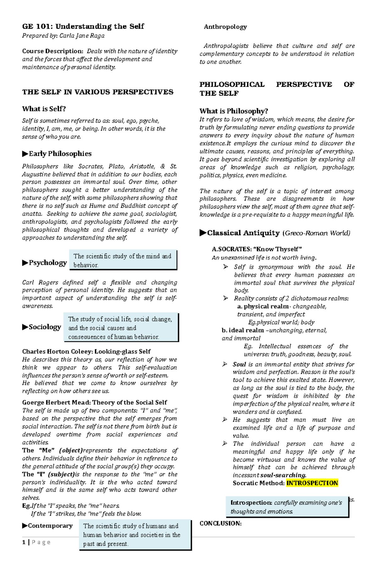 Week-1- Handout (ge 101) - Ge 101: Understanding The Self Prepared By 