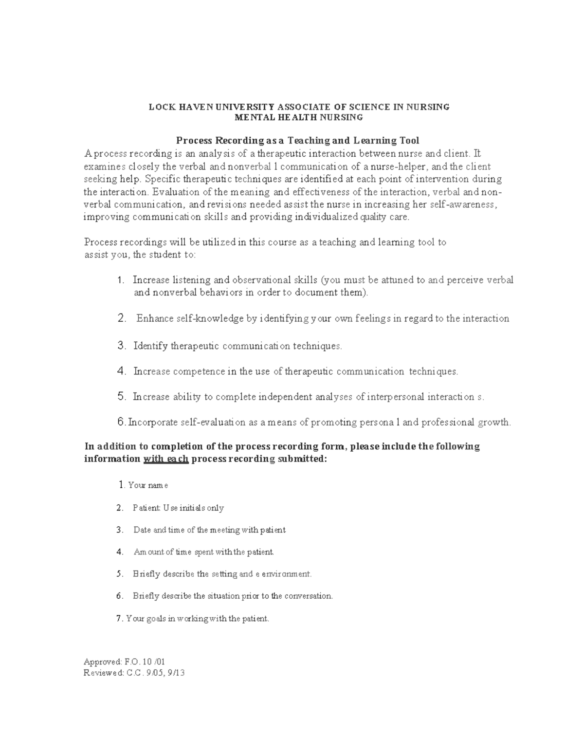 Process Recording Instructions and Form LOCK HAVEN UNIVERSITY