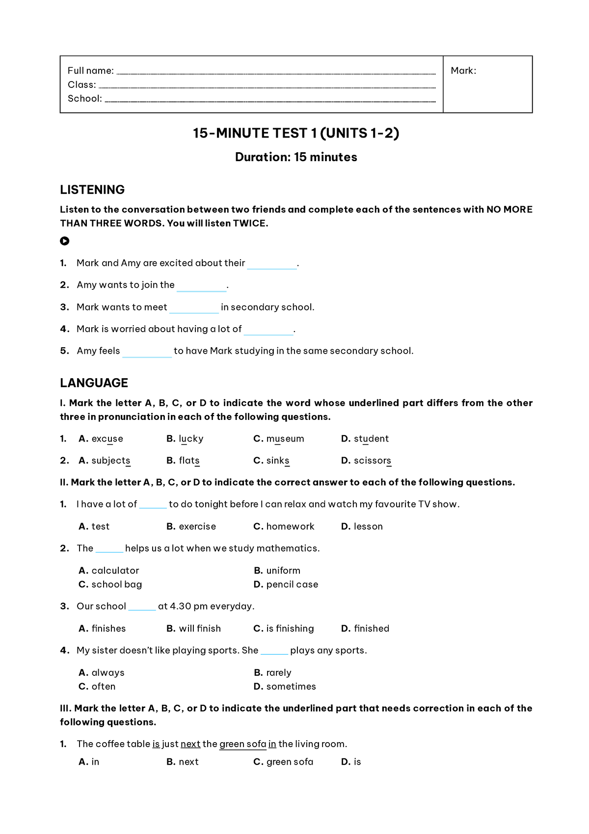 15- Minute TEST 1 ( Units 1-2)-trang-1-2 - Full Name: Class: School ...