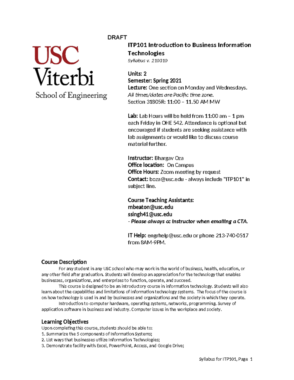 ITP 101 Introduction to Business Information Technologies Spring 2021 ...