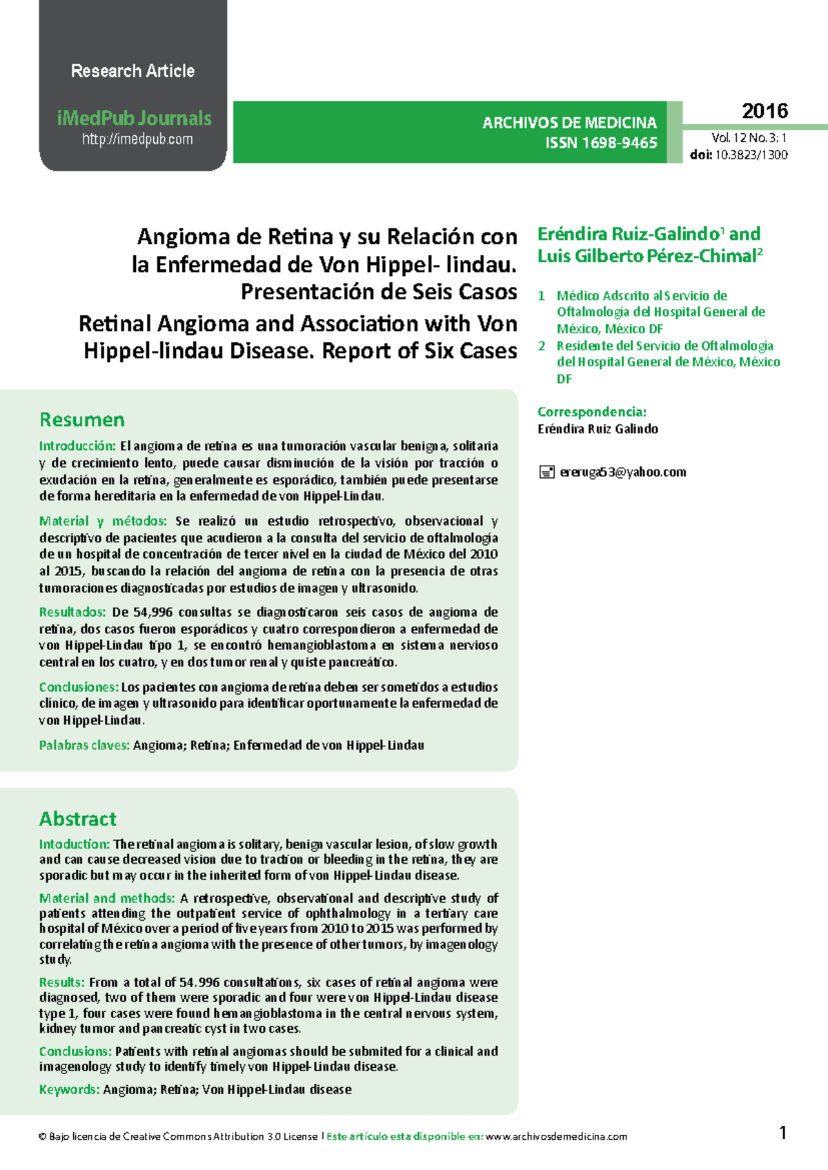 Angioma de Retina y su Relación con la Enfermedad de Von Hippel ...