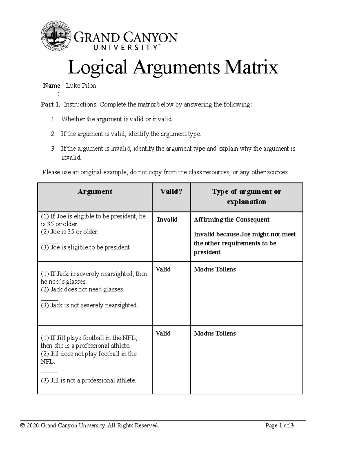 PHI-103 Logical Arguments Matrix 1st Quater - Logical Arguments Matrix ...