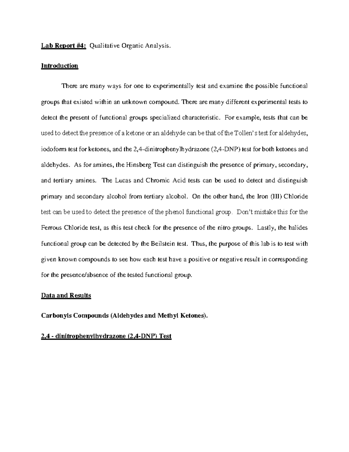 CHEM 22500 27 Lab Report 4 Qualitative Organic Analysis Lab