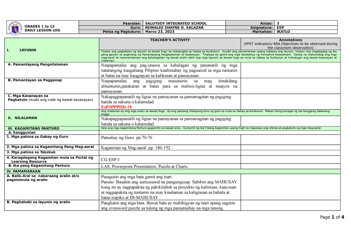 COT Q3 ESP - SAMPLE DLP - GRADES 1 To 12 DAILY LESSON LOG Paaralan ...