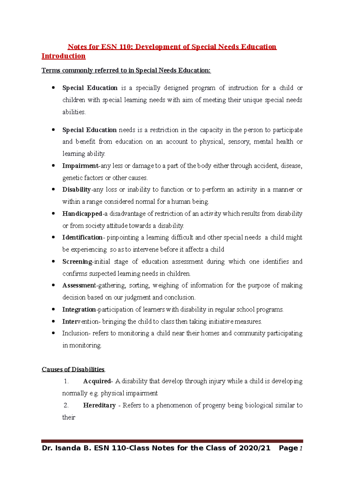 Class Notes for ESN 110 Class 2021 - Notes for ESN 110: Development of ...