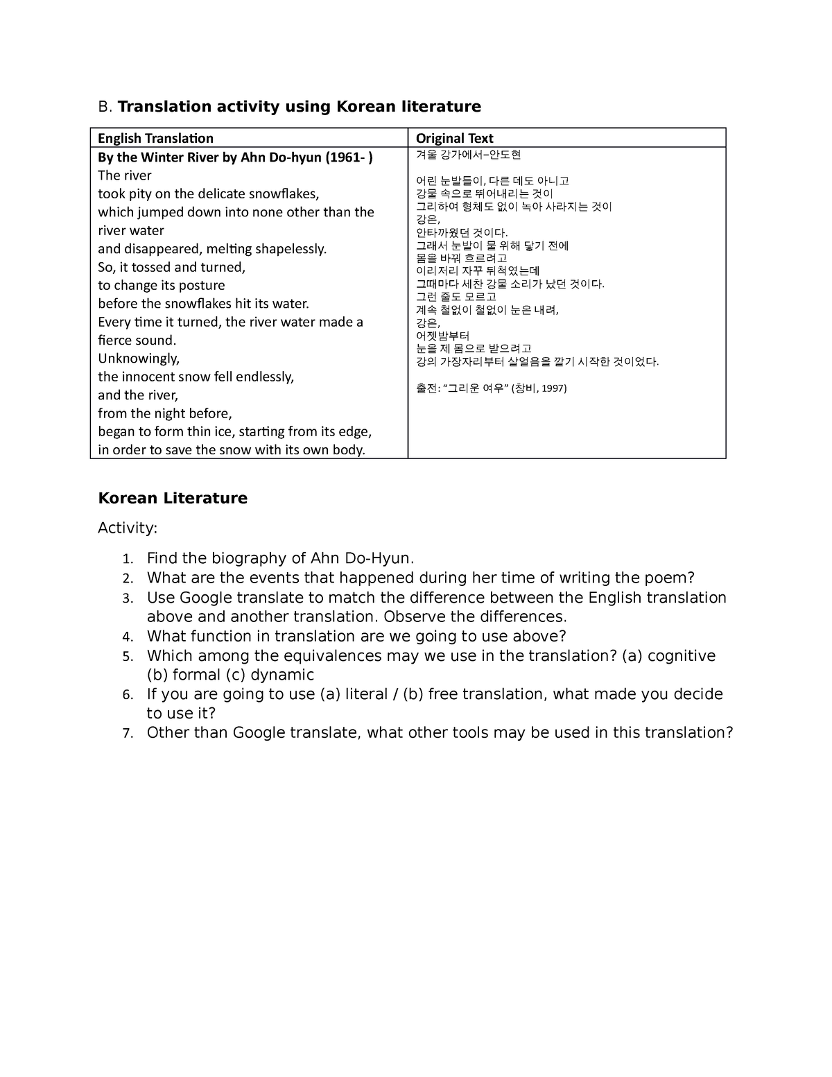 English-Translation-Korean - B. Translation Activity Using Korean ...