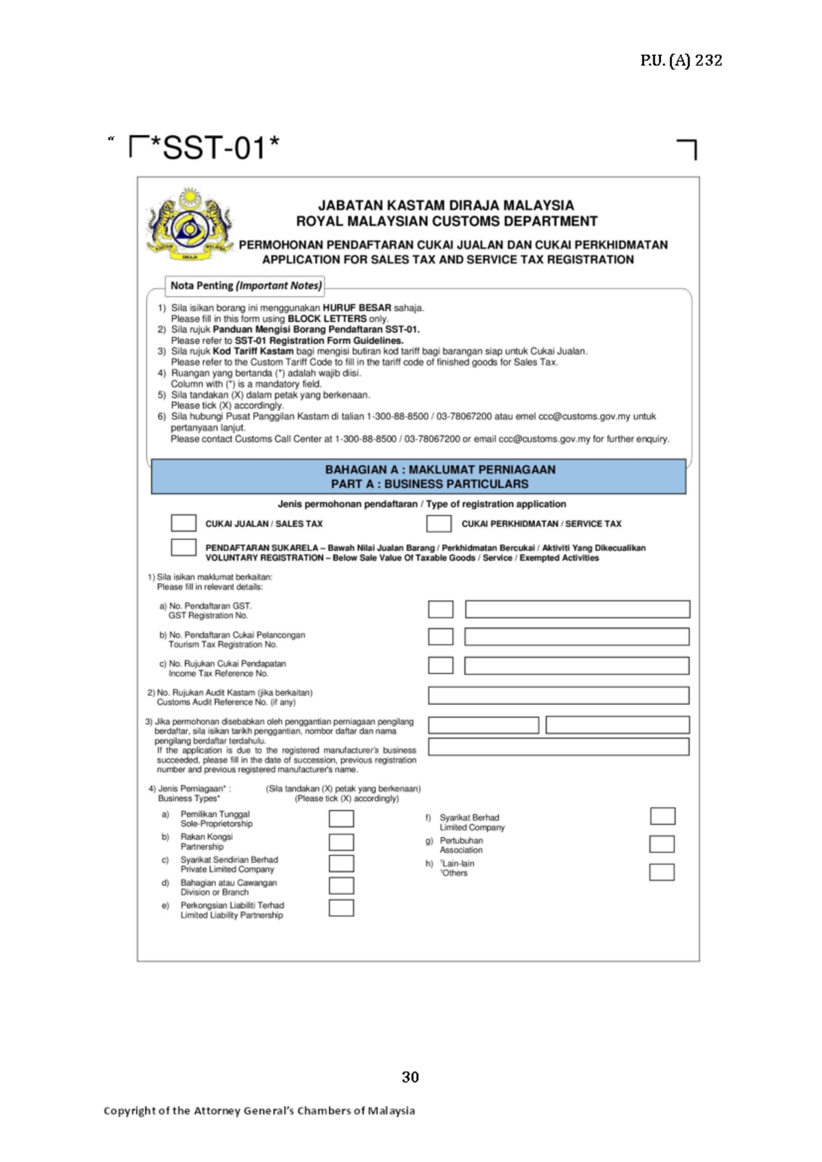 Blank Form SST-01 - sst - Taxations - P. (A) 232 30 “ P. (A) - Studocu