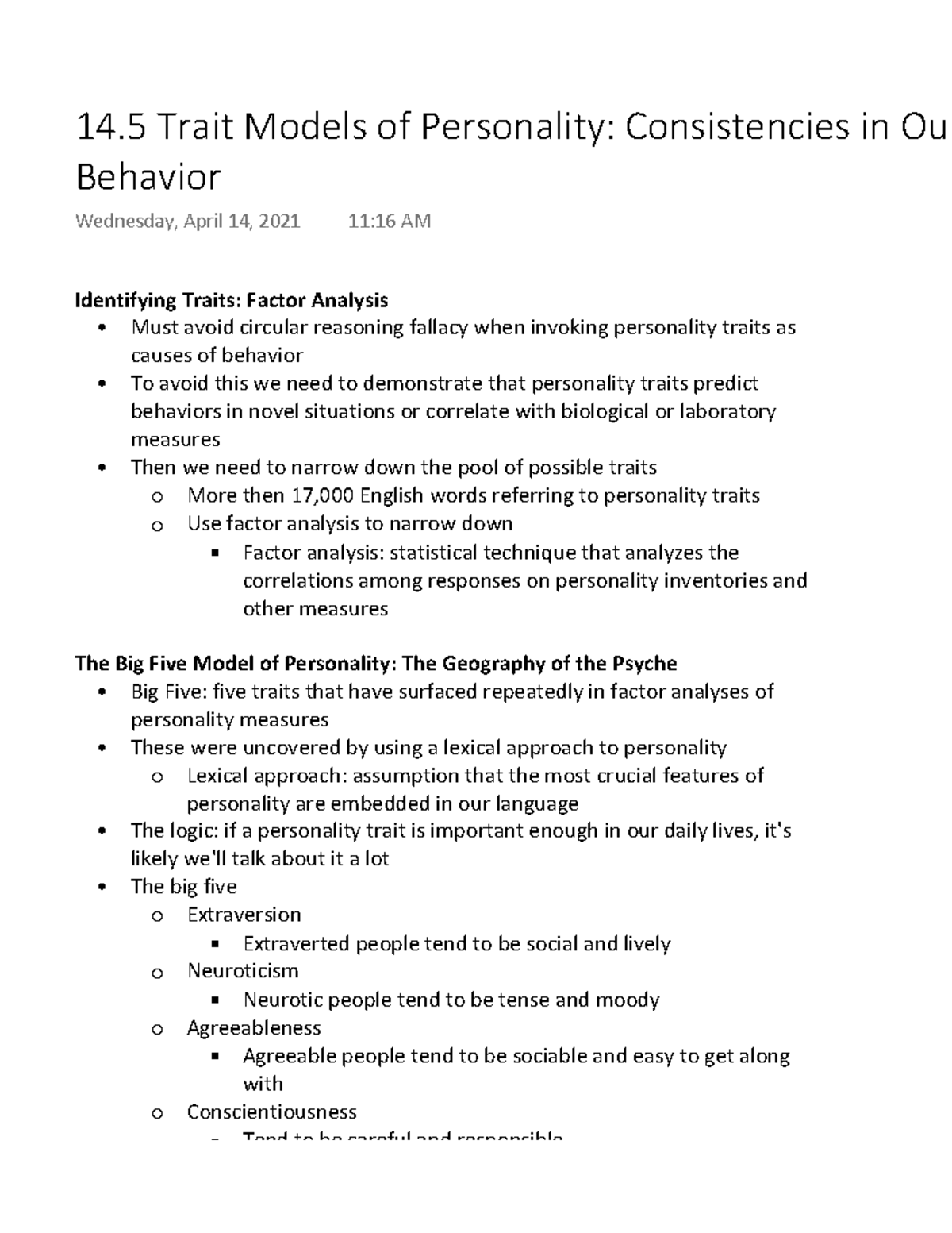 14.5 Trait Models of Personality Consistencies in Our Behavior ...