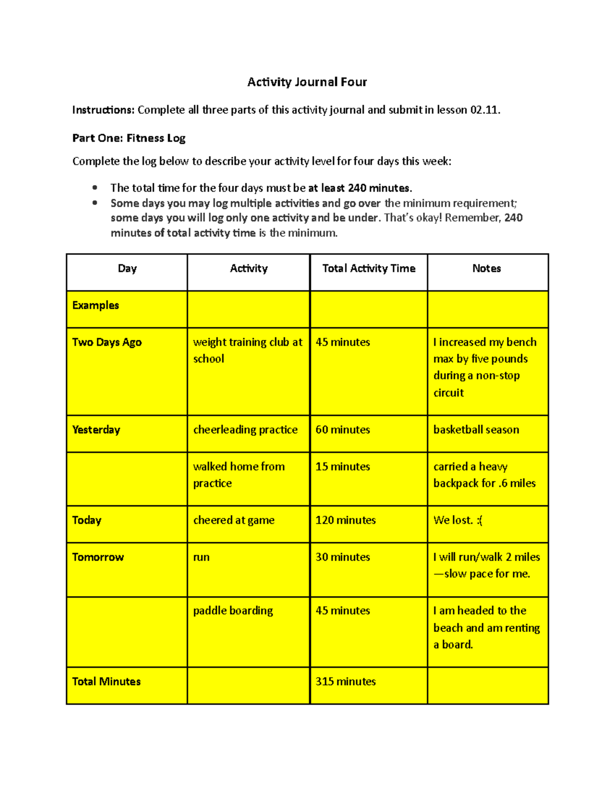 Activity journal 04 - physical education - Activity Journal Four ...