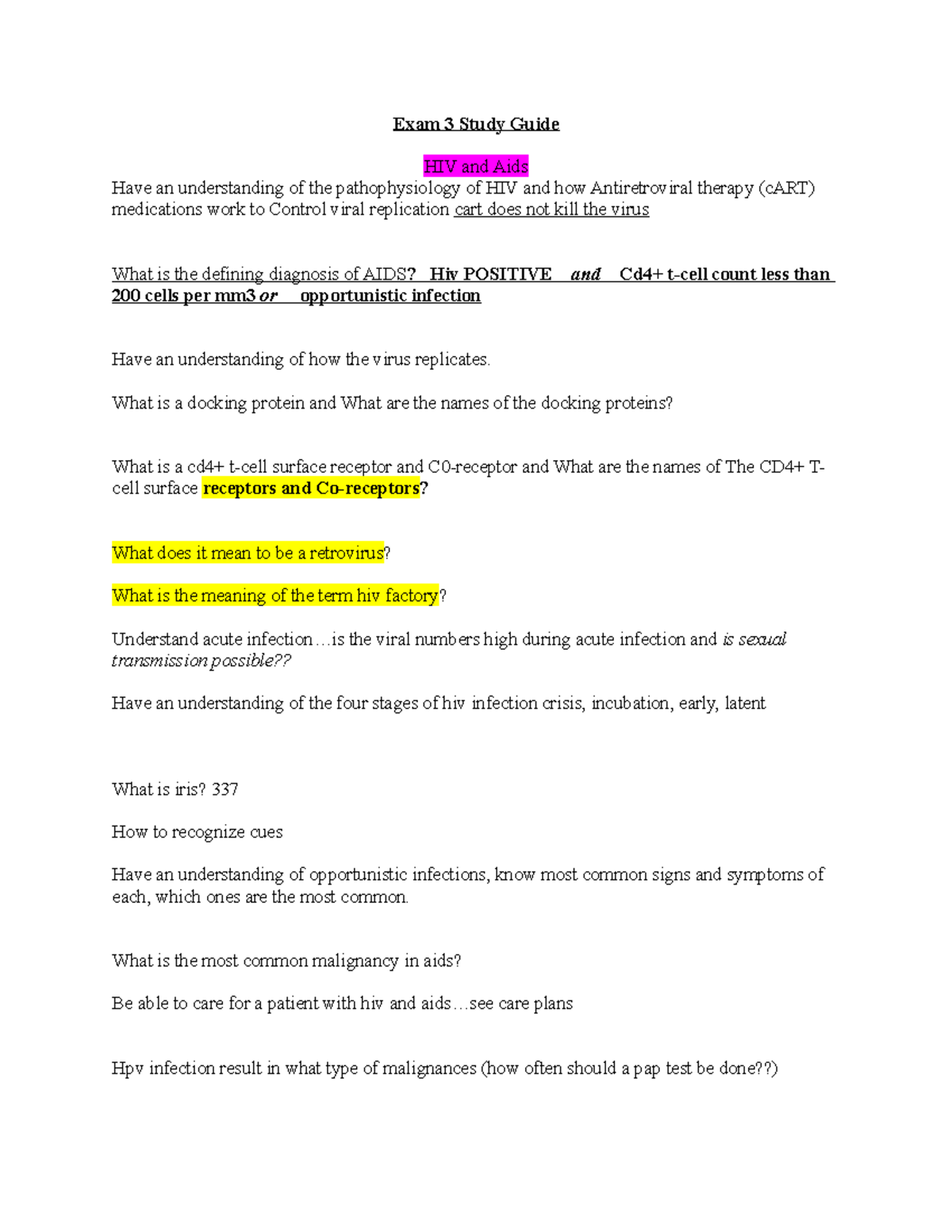 Exam 3 Study Guide (Care of Adults) SP2021 - Exam 3 Study Guide HIV and ...