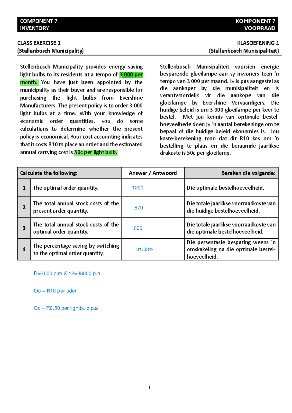 Component 7 Class Exercises - Komponent 7 Klasoefeninge - 1 COMPONENT 7 ...