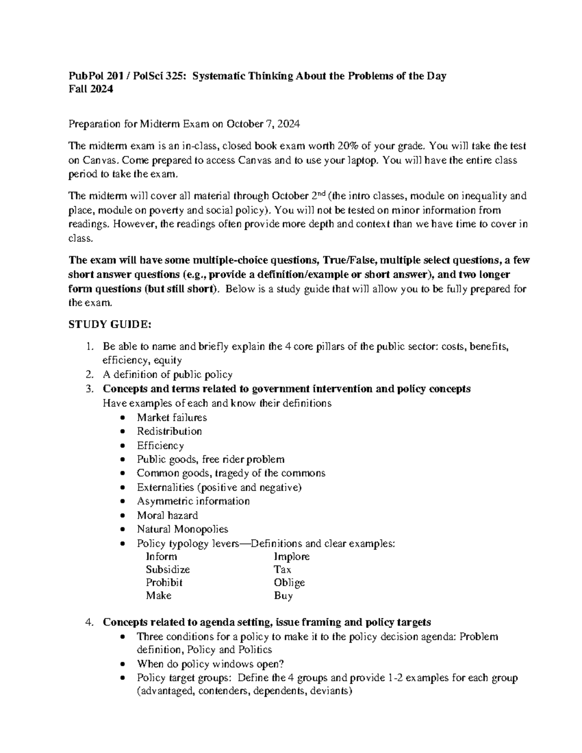 Things to Know for Midterm Exam Fall 2024 - PubPol 201 / PolSci 325 ...