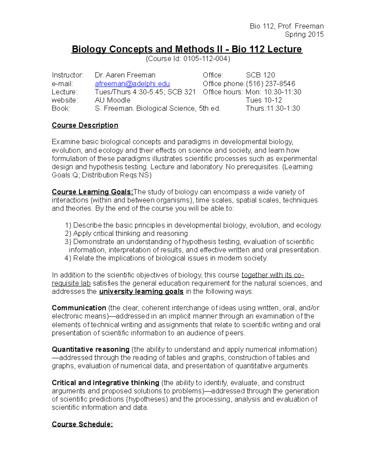 Bio 112 Lecture syllabus 2015 - Bio 112, Prof. Freeman Spring 2015 ...
