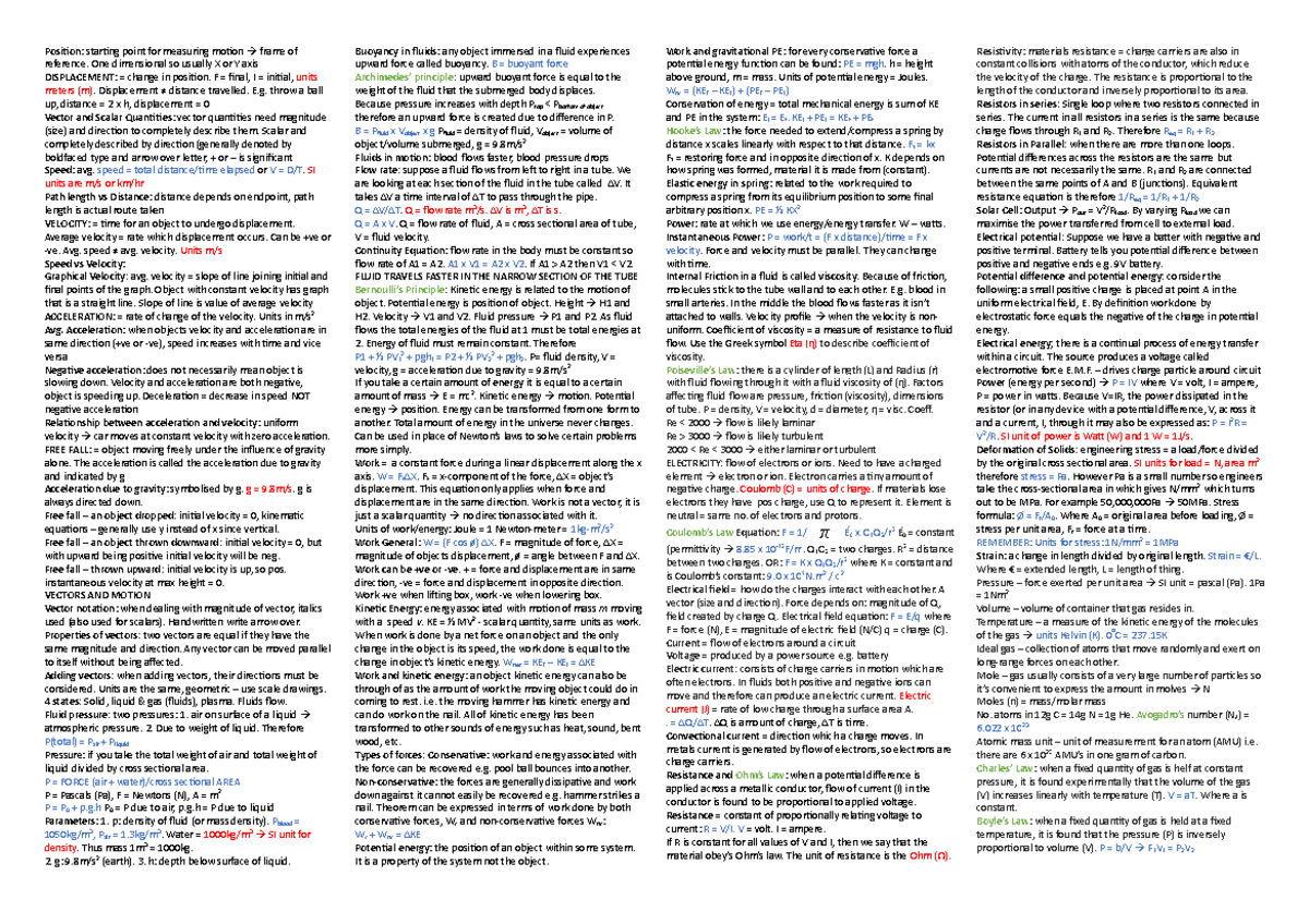 Physics Revision Sheet - Posiion : staring point for measuring moion ...