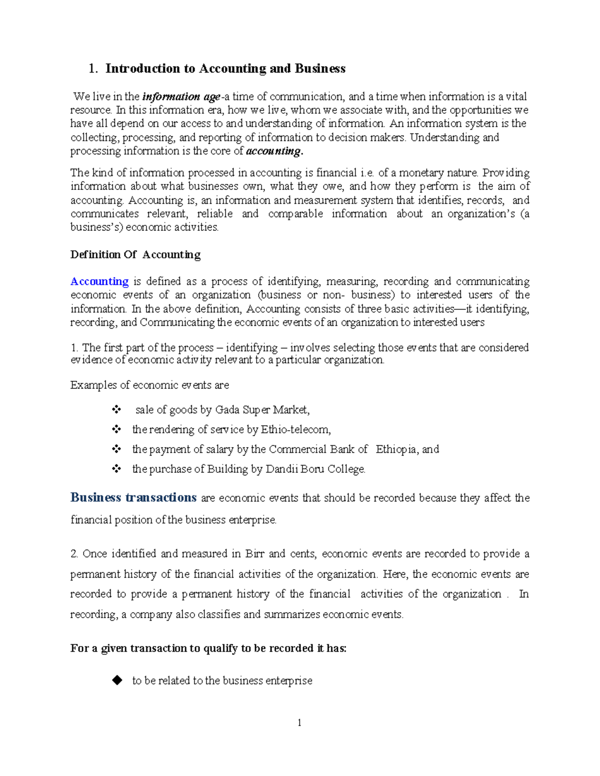 Chapter 1 Fud of Acc I final - 1. Introduction to Accounting and ...