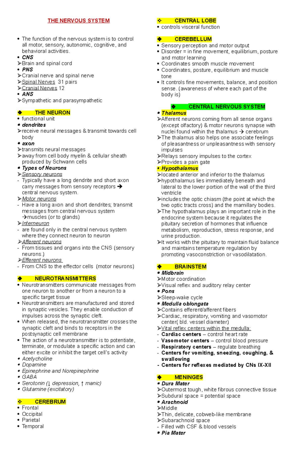 Neuro- Notes - THE NERVOUS SYSTEM The function of the nervous system is ...