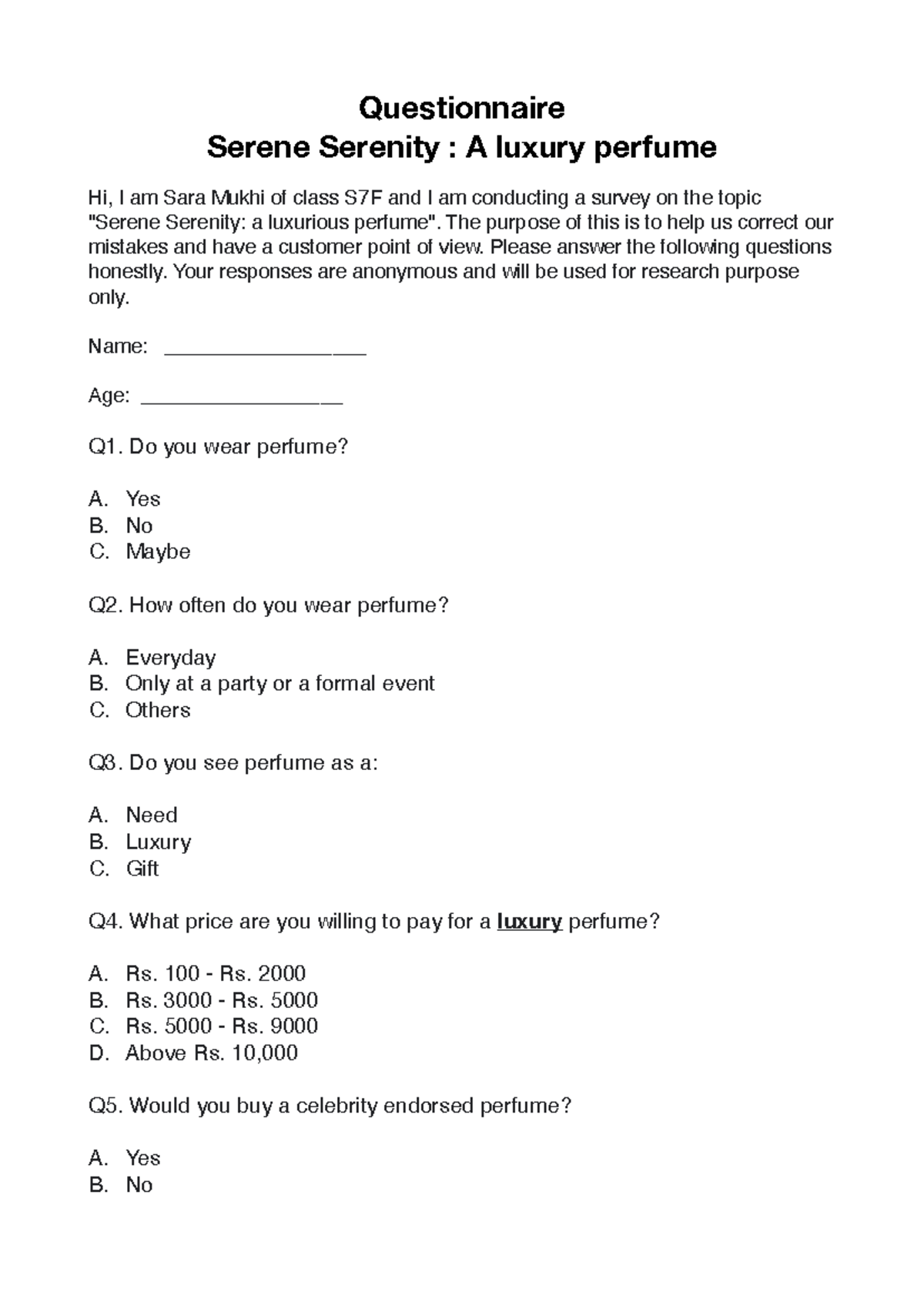 Survey on marketing - Questionnaire Serene Serenity : A luxury perfume ...