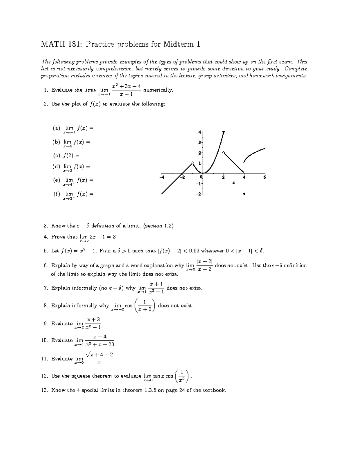 Calculus I Exam 1 Review - MATH 181: Practice Problems For Midterm 1 ...