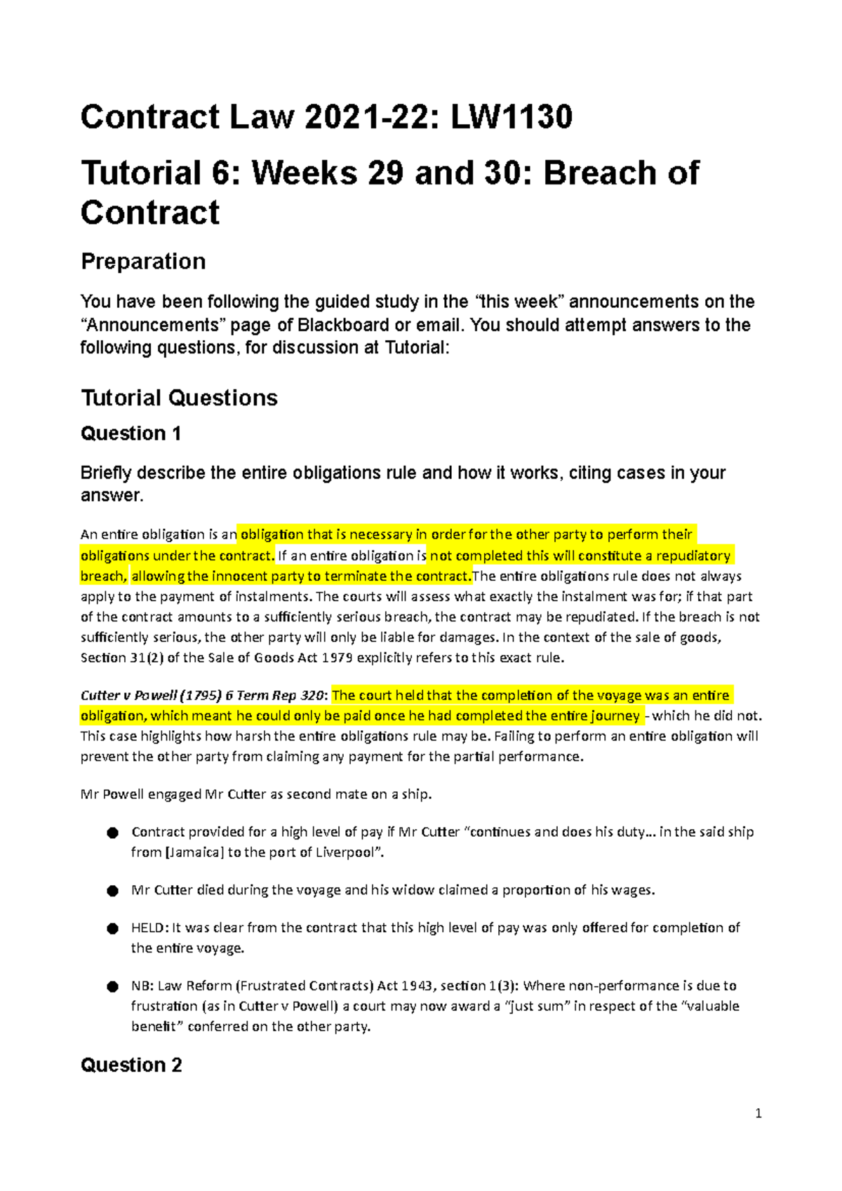 Breach Of Contract Tutorial - Contract Law 2021-22: LW Tutorial 6 ...