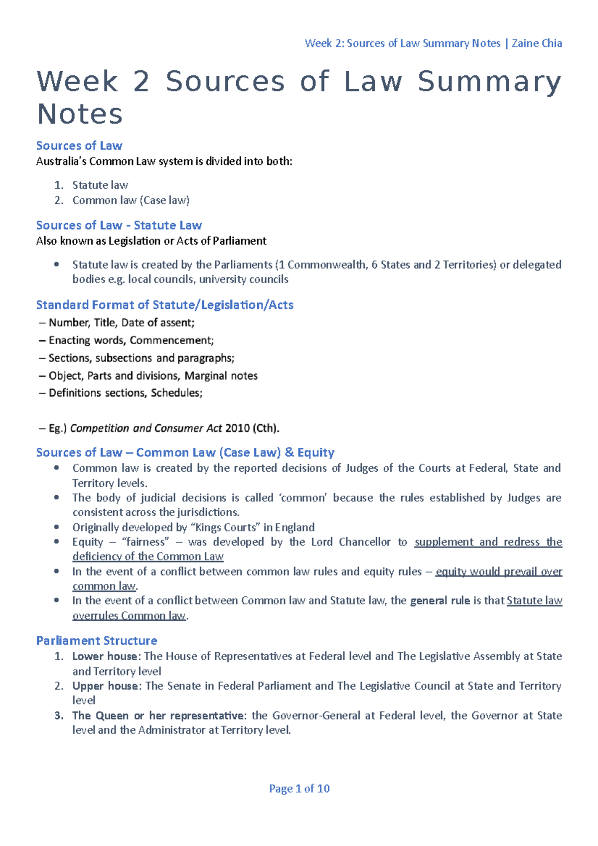 Week 2 Sources of Law Summary notes Week 2 Sources of Law Summary