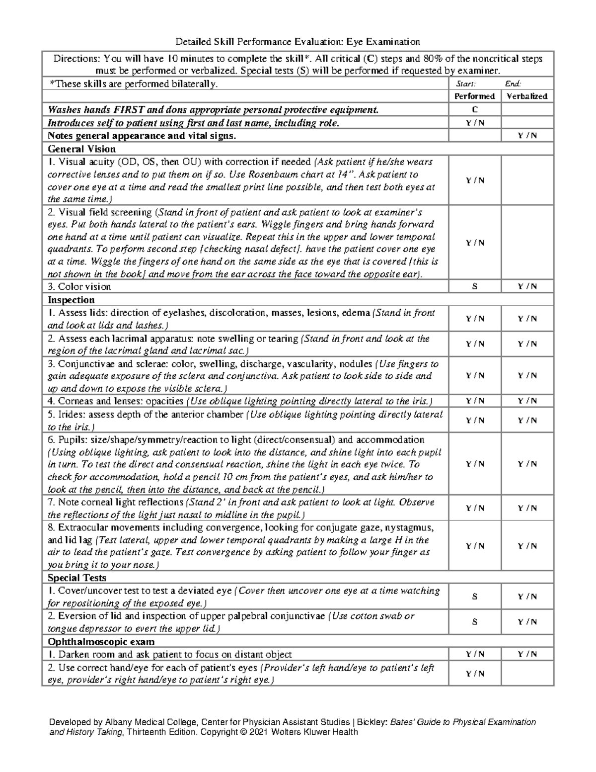 Eye Examination Detailed Skill Performance Evaluation - Detailed Skill ...