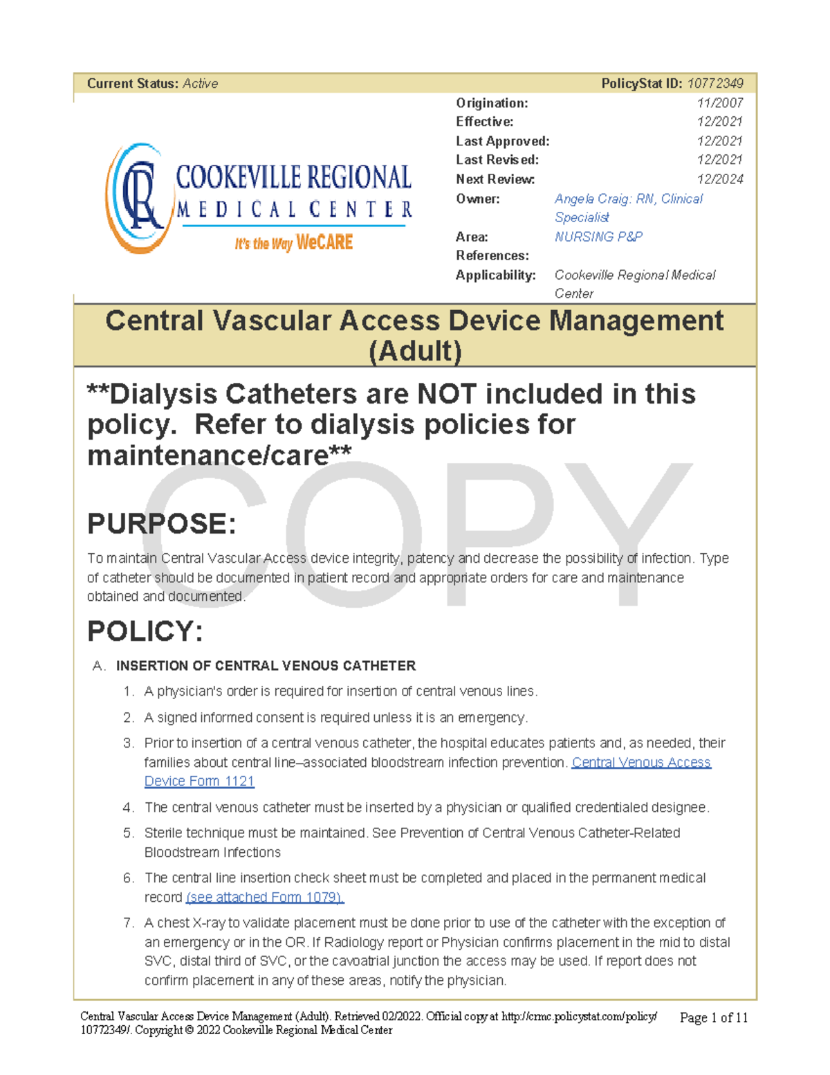 Central Vascular Access Device Management -Adult - COPY Current Status ...