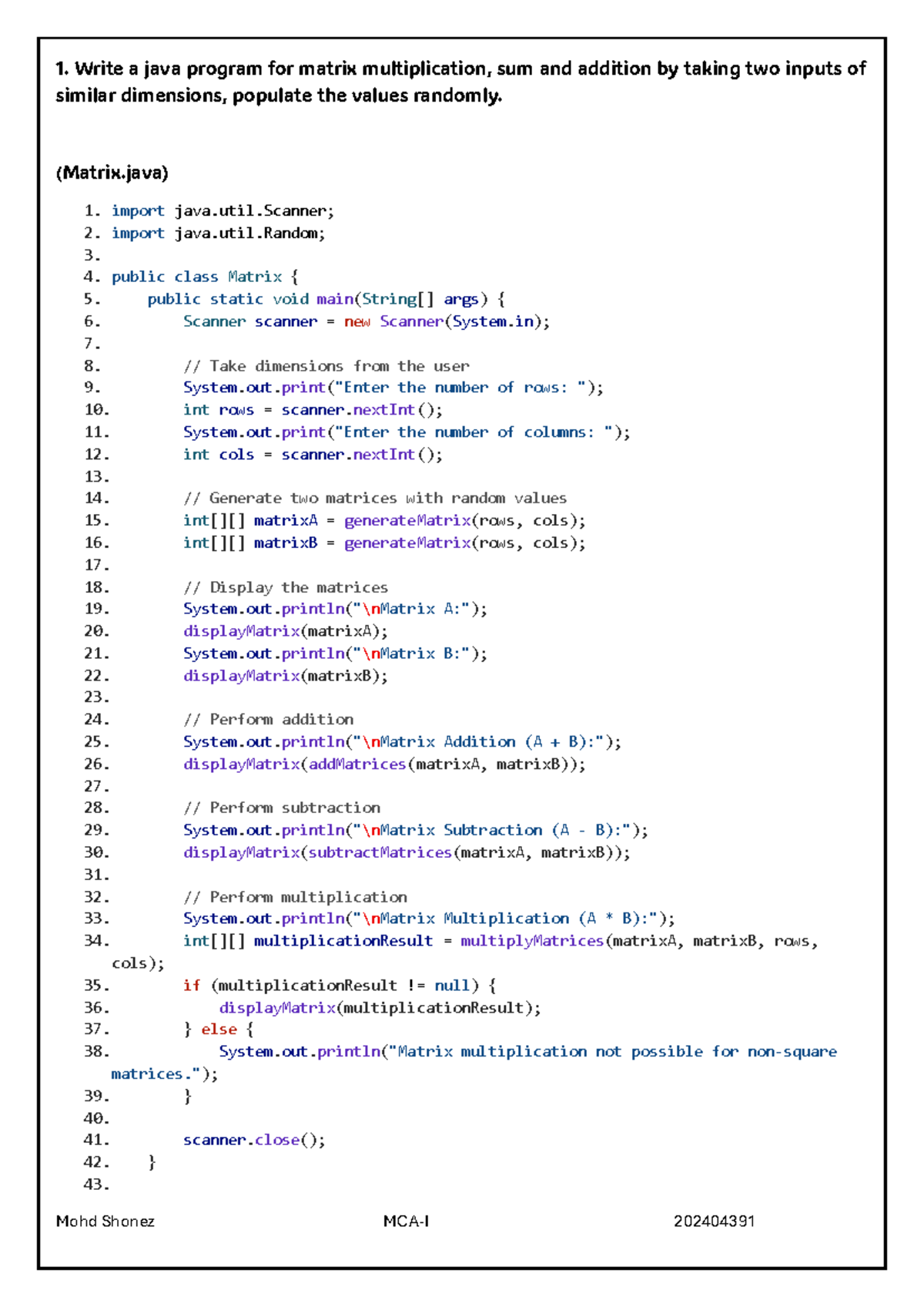 Labwork file of Java - 1. Write a java program for matrix ...