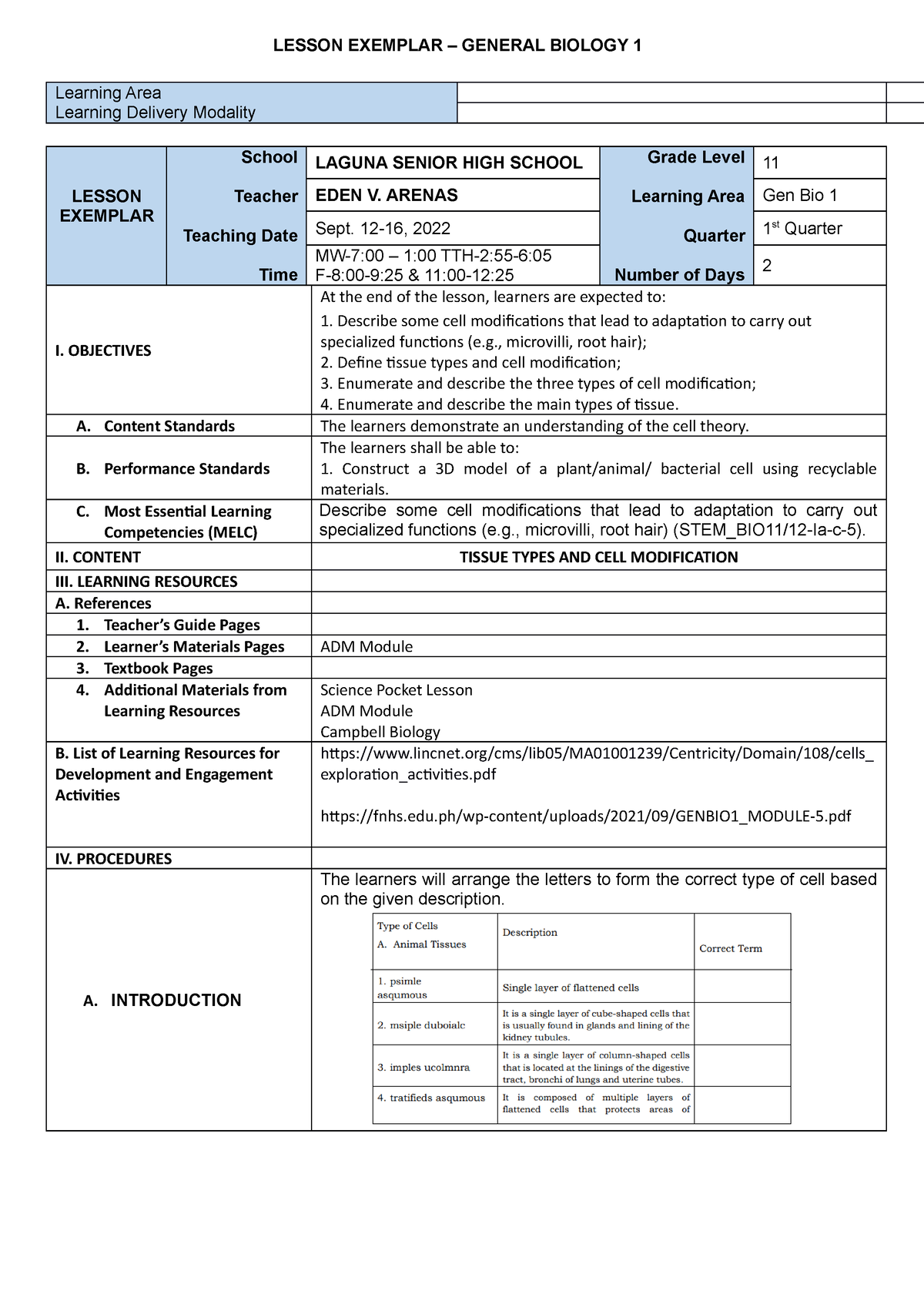4. Tissue Types AND CELL Modification LE - LESSON EXEMPLAR – GENERAL ...