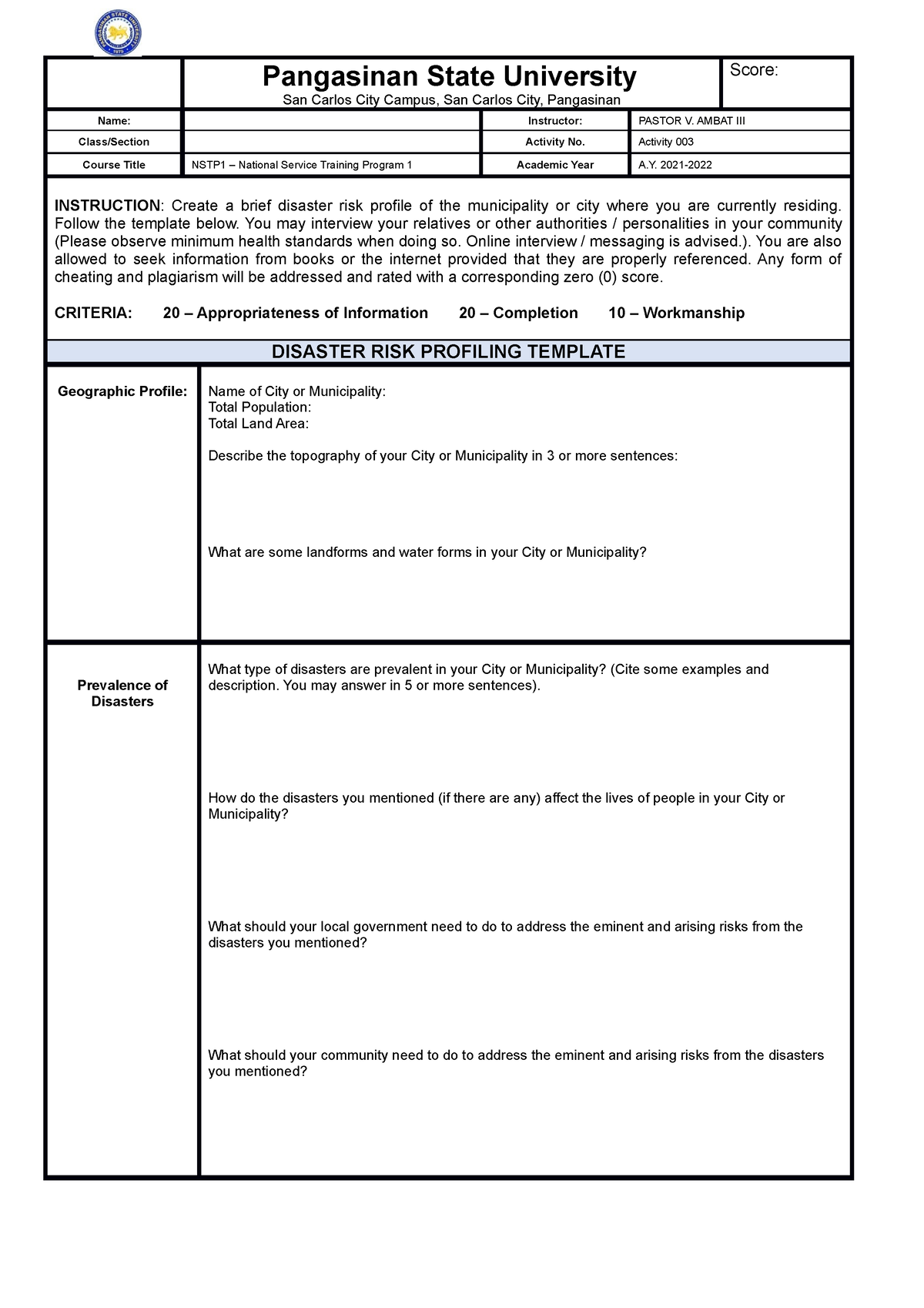 NSTP Activity Sheet 3 - Pangasinan State University San Carlos City ...