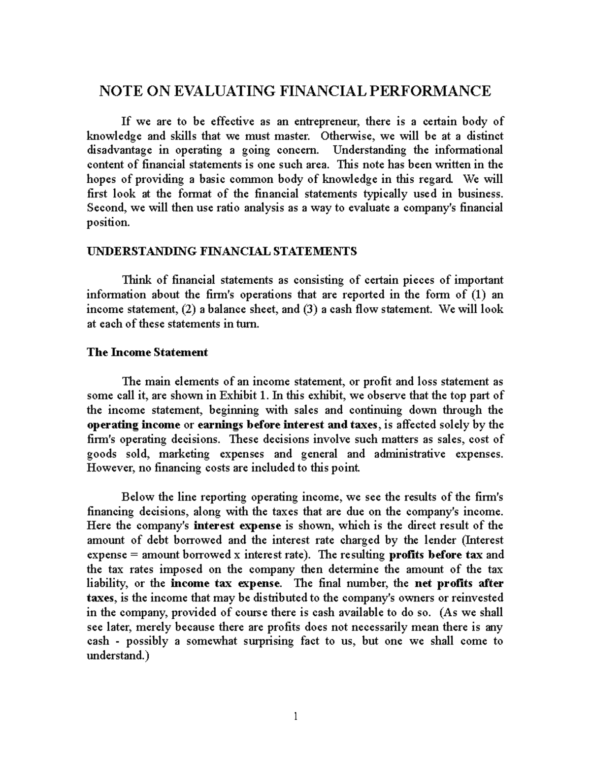 Teaching NOTE ON Financial Statements - NOTE ON EVALUATING FINANCIAL ...
