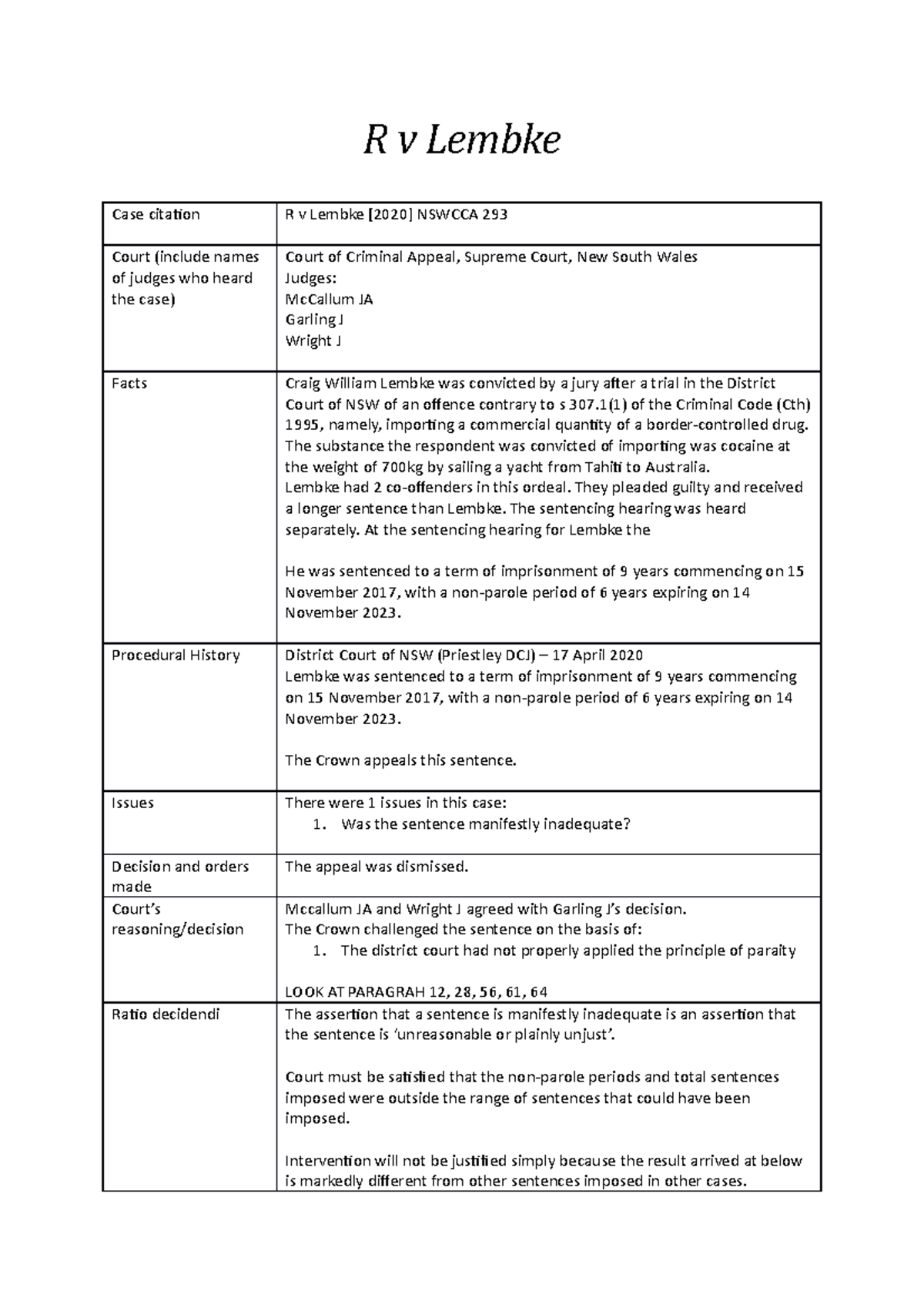 Case Summary - R V Lembke - R V Lembke Case Citation R V Lembke [2020 ...