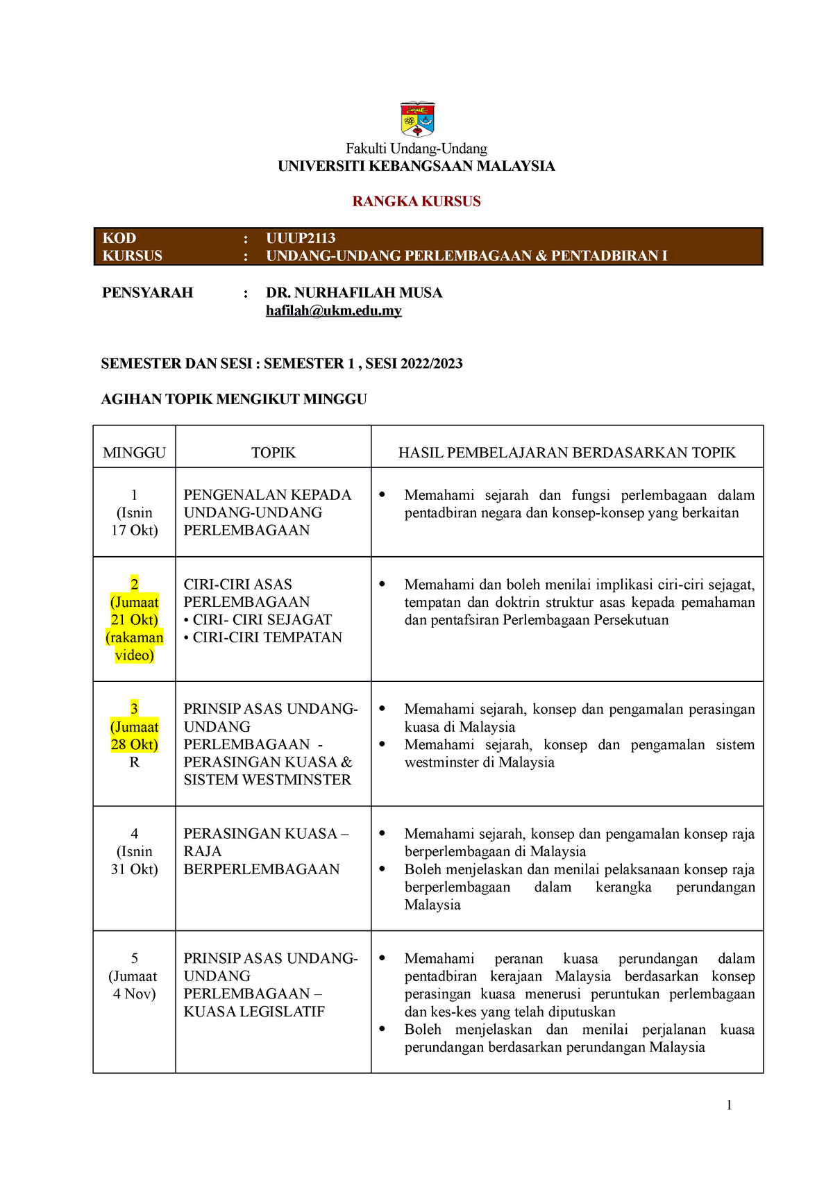 Rangka Kursus Undang-undang Perlembagaan Sem 1 2022 2023 17 Okt 2022 ...