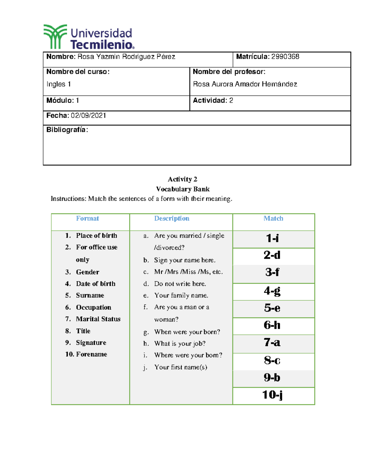 Actividad 2 de ingles básico. - Activity 2 Vocabulary Bank Instructions ...