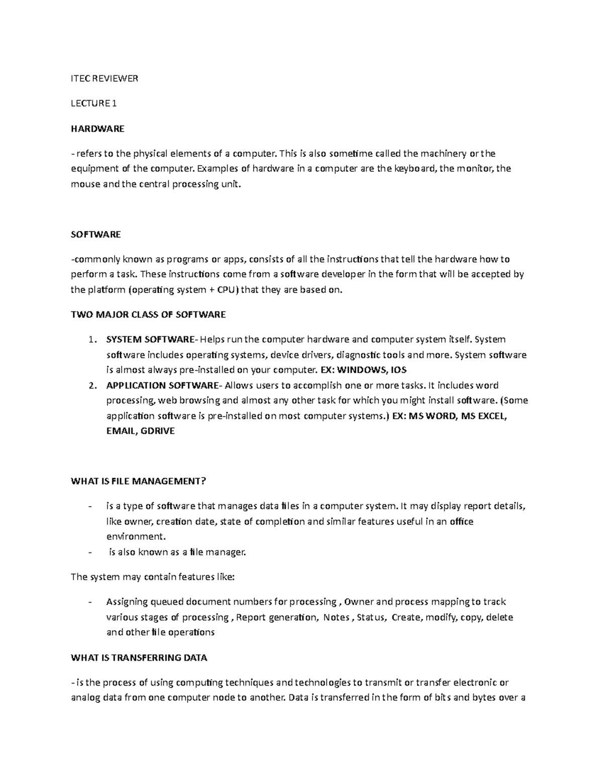 ITEC Reviewer - ITEC notes - ITEC REVIEWER LECTURE 1 HARDWARE refers to ...