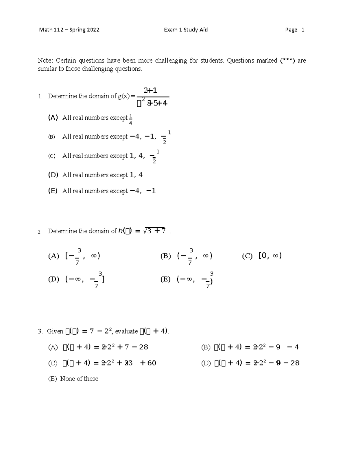 2221 Math 112 Exam 1 Study Guide - Math 112 – Spring 2022 Exam 1 Study 