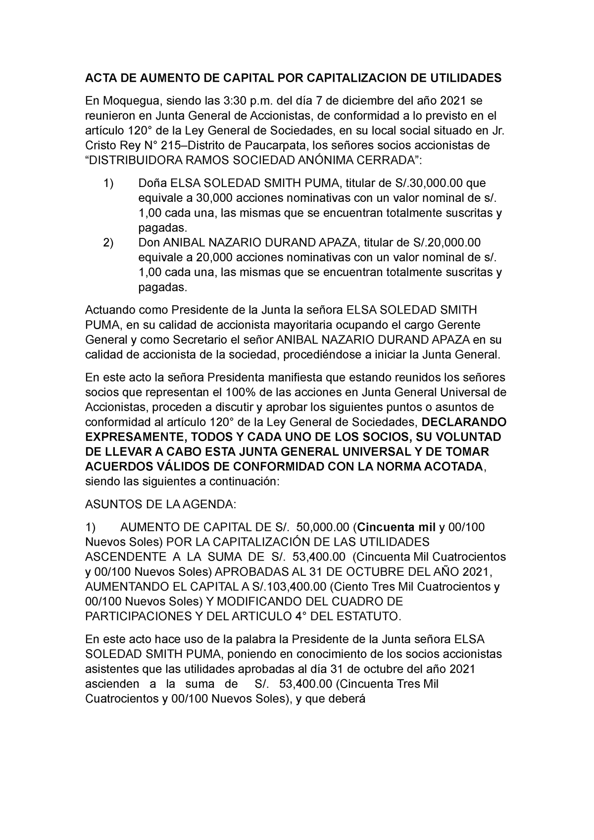ACTA DE Aumento DE Capital POR Capitalizacion DE Utilidades - ACTA DE  AUMENTO DE CAPITAL POR - Studocu