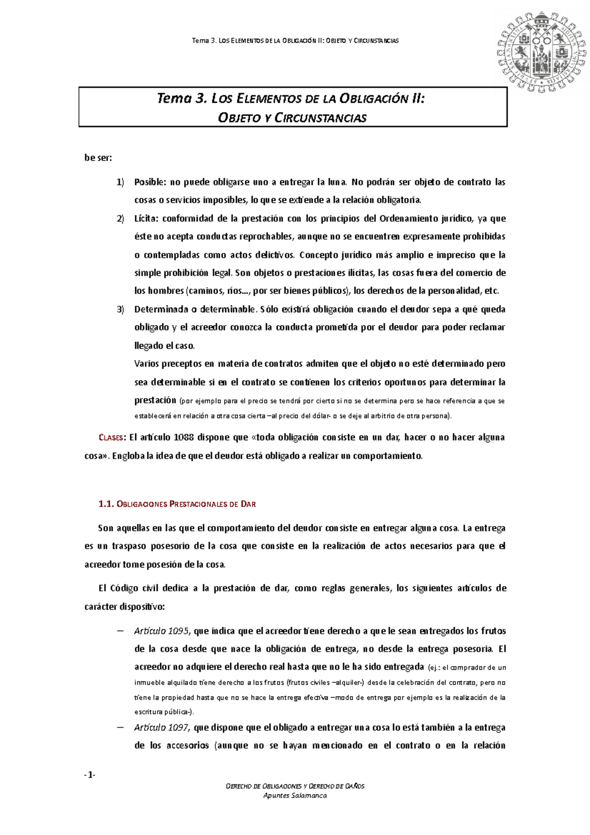 Tema 3 - Tema 3. LOS ELEMENTOS DE LA OBLIGACIÓN II: OBJETO Y ...