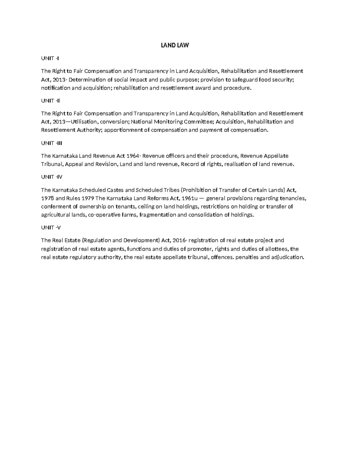 Land law syllabus - LAND LAW UNIT -I The Right to Fair Compensation and ...